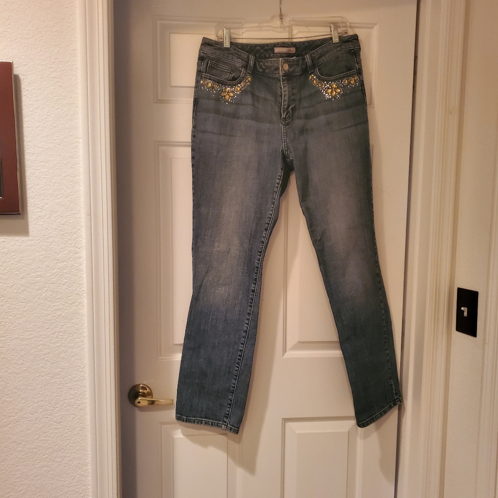 CHICOS PLATINUM DENIM JEANS EMBELLISHED SZ 2(12-14)